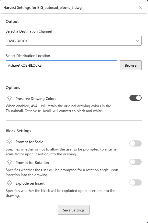 AVAIL for AutoCAD Harvest settings panel